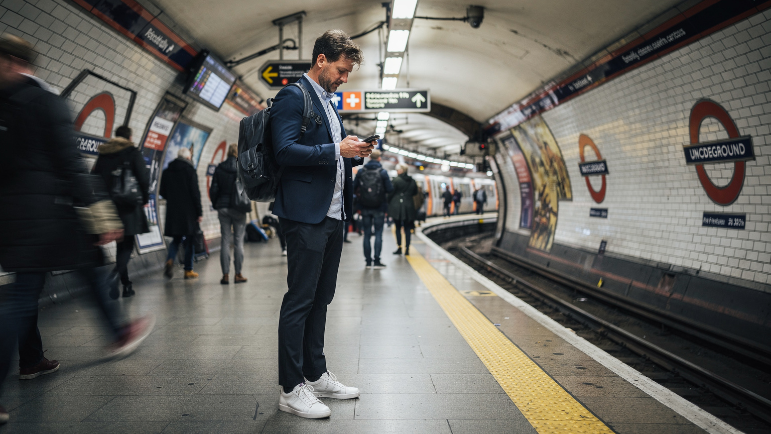 Un viajero en la concurrida estación de metro de Piccadilly Circus consulta su teléfono, buscando la mejor ruta mientras se conecta a la red con su eSIM.