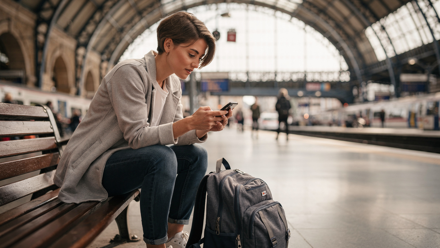 Una viajera revisa su teléfono mientras espera el tren en la estación King's Cross de Londres, lista para activar su eSIM antes de iniciar su aventura.