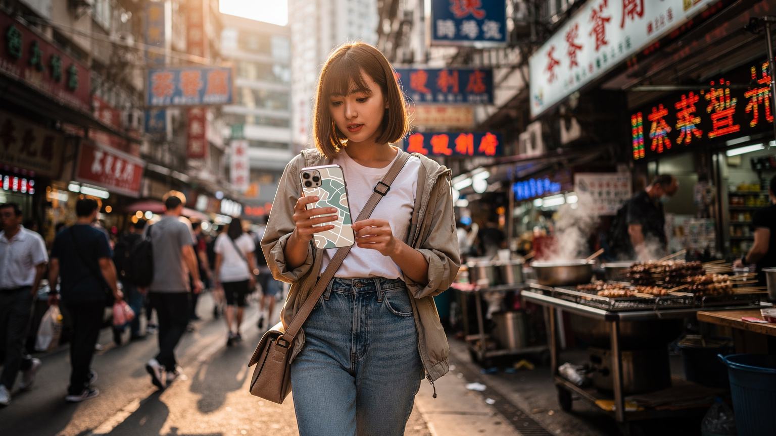 一名香港年輕女性在旺角街頭手持iPhone, 屏幕上顯示地圖應用程序, 背景是熙熙攘攘的街景和招牌。