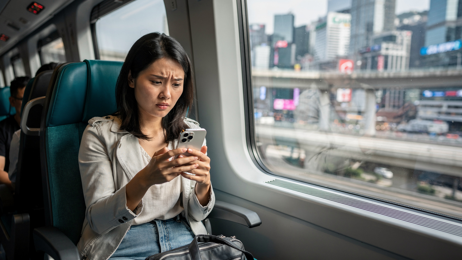 一名亞洲女性旅客在香港機場快線列車上, 表情略顯焦慮地查看iPhone屏幕, 列車窗外是香港城市景觀。