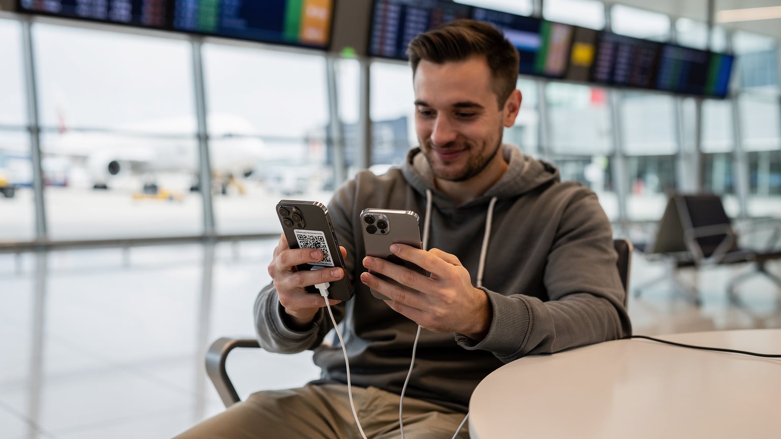 一名旅客在香港國際機場的登機口前, 手持iPhone專注地掃描另一個手機屏幕上的eSIM二維碼, 面帶輕鬆微笑。
