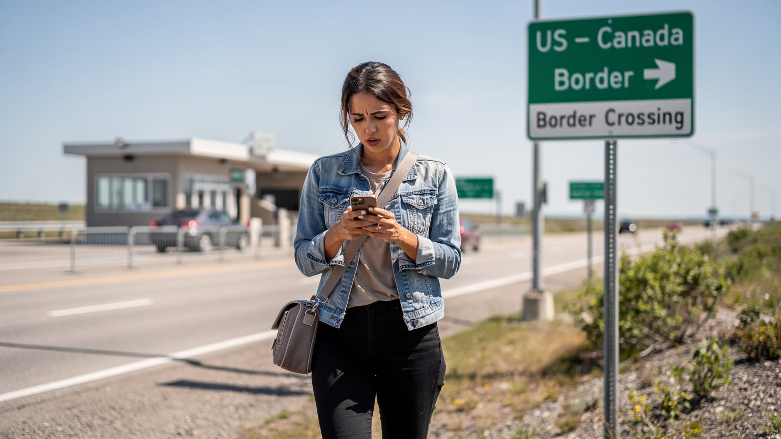 Een reiziger staat bij een grensovergang tussen de VS en Canada, met een zorgelijke blik op haar telefoon, wat de uitdagingen van internationale data-roaming zonder een multi-land eSIM benadrukt.