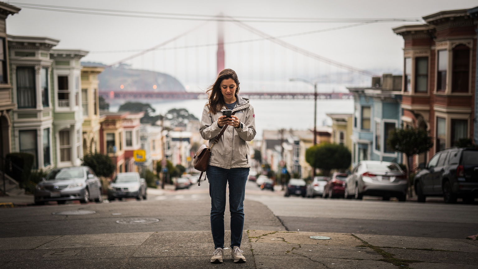 Een jonge vrouw navigeert met haar smartphone in de straten van San Francisco, met op de achtergrond de iconische Golden Gate Bridge die uit de mist opdoemt.