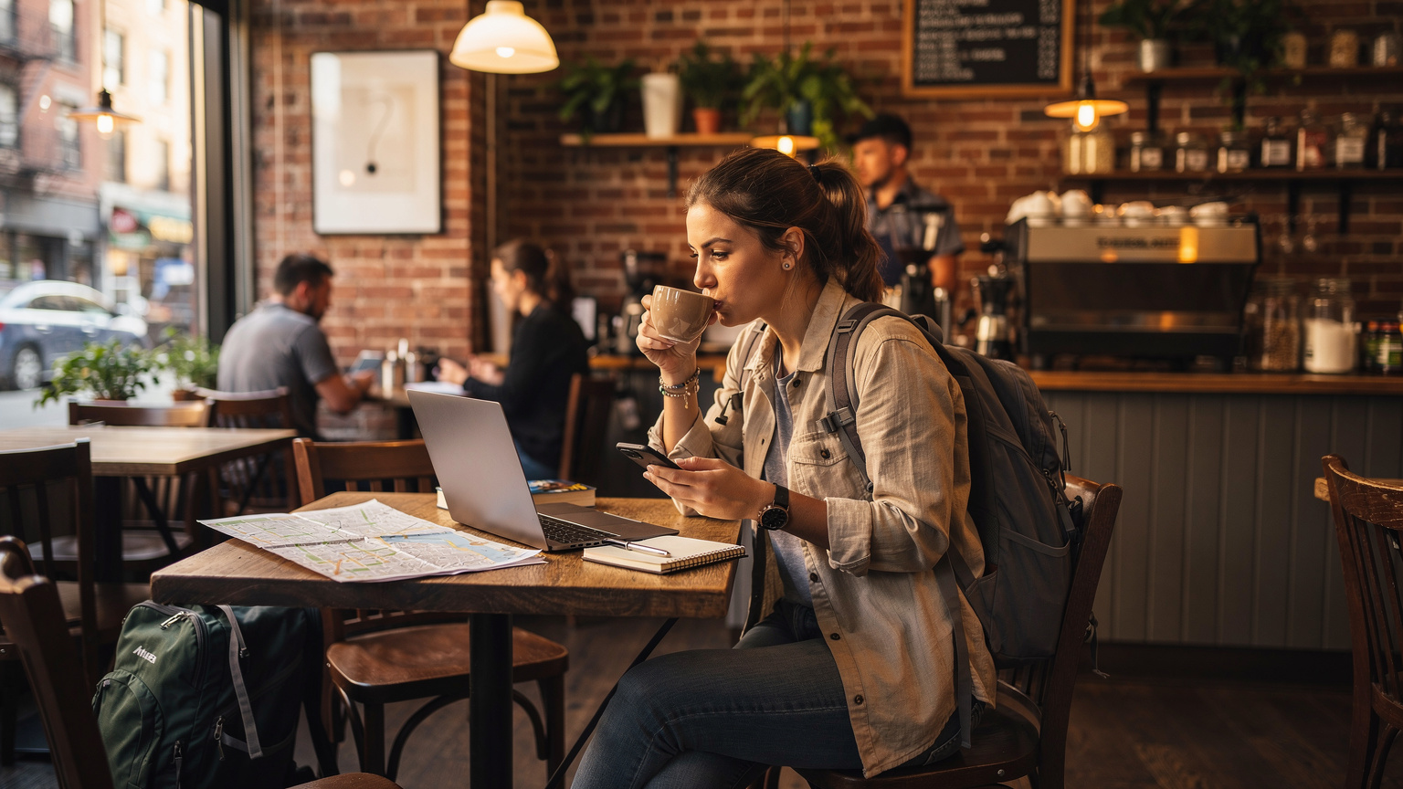 Een jonge backpacker zit in een levendige New Yorkse coffeeshop met haar laptop en telefoon, genietend van gratis wifi en een kop koffie, terwijl ze haar reisroute plant.