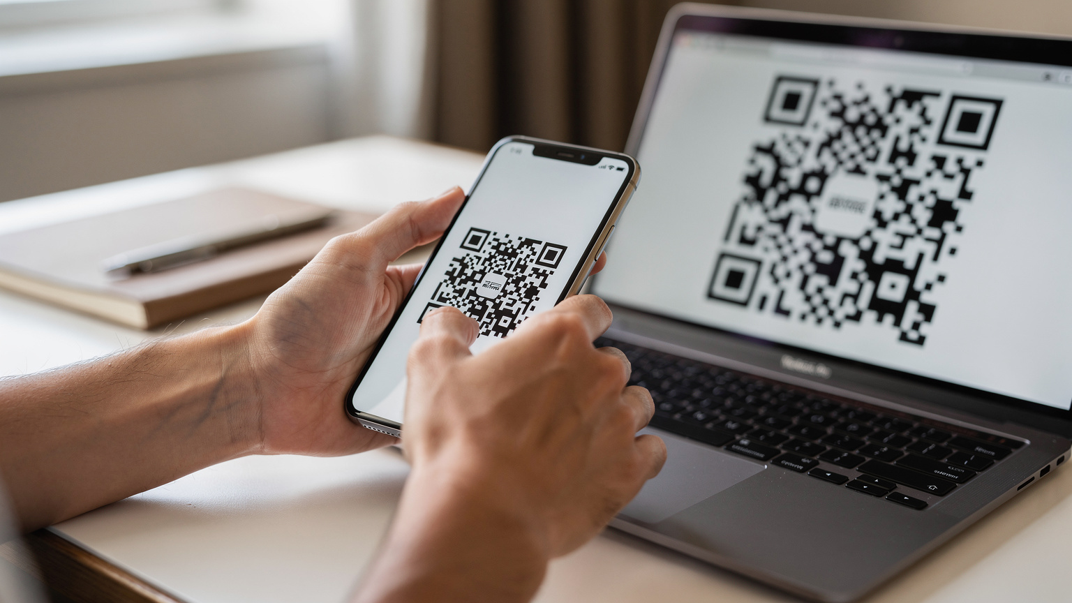 Close-up van handen van een persoon die een eSIM-profiel activeert op een smartphone door een QR-code te scannen die op een laptop scherm wordt weergegeven, in een opgeruimde hotelkamer.