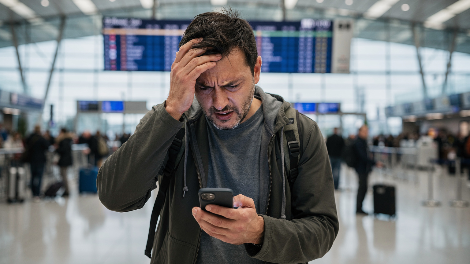 Ein Reisender mit besorgtem Ausdruck schaut auf sein Smartphone, während er in der Ankunftshalle eines belebten Flughafens steht.