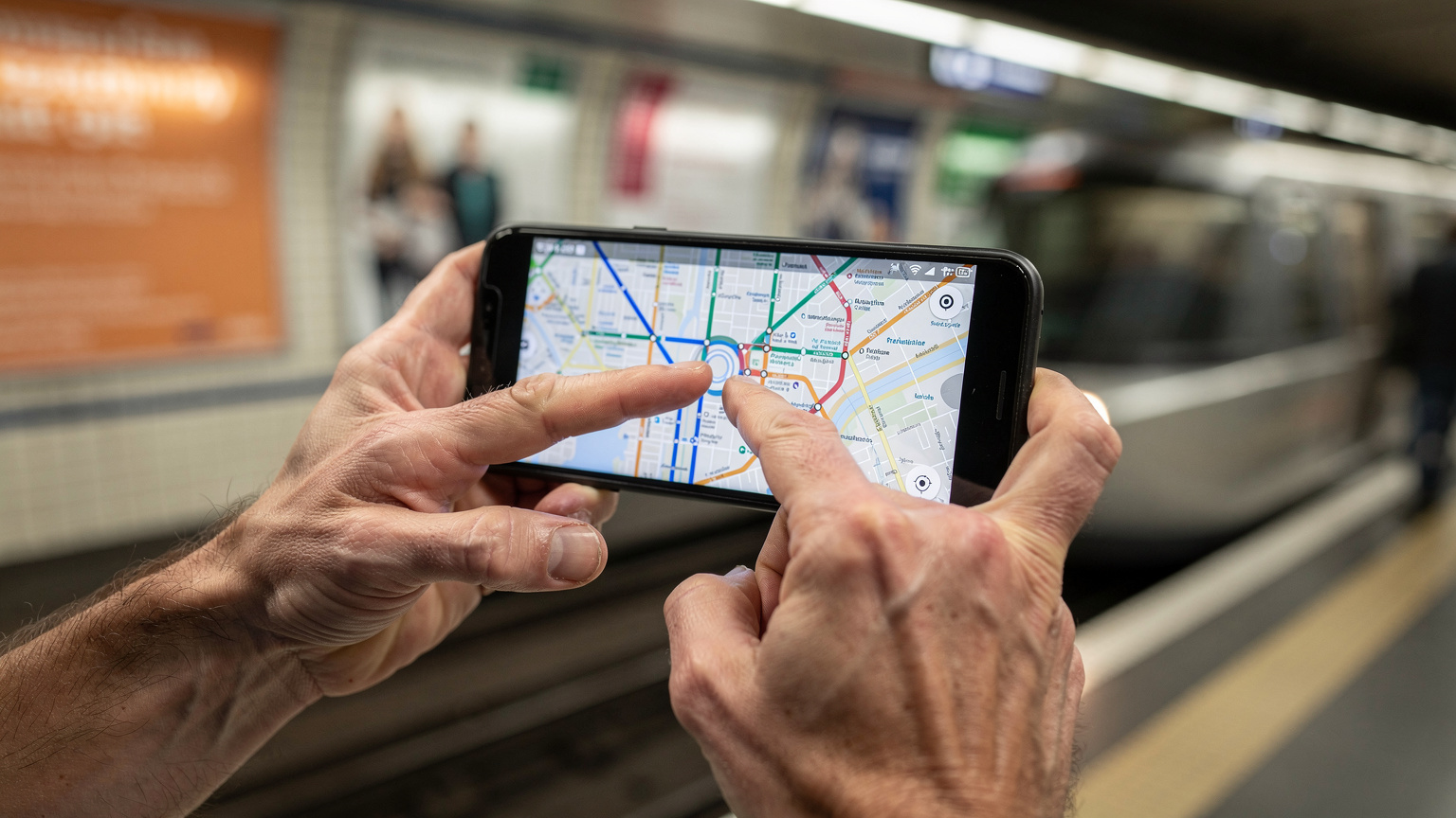 Nahaufnahme von Händen, die ein Smartphone mit einer Karte der Pariser Metro-Linien halten, mit verschwommenem Hintergrund eines belebten U-Bahn-Gleises.