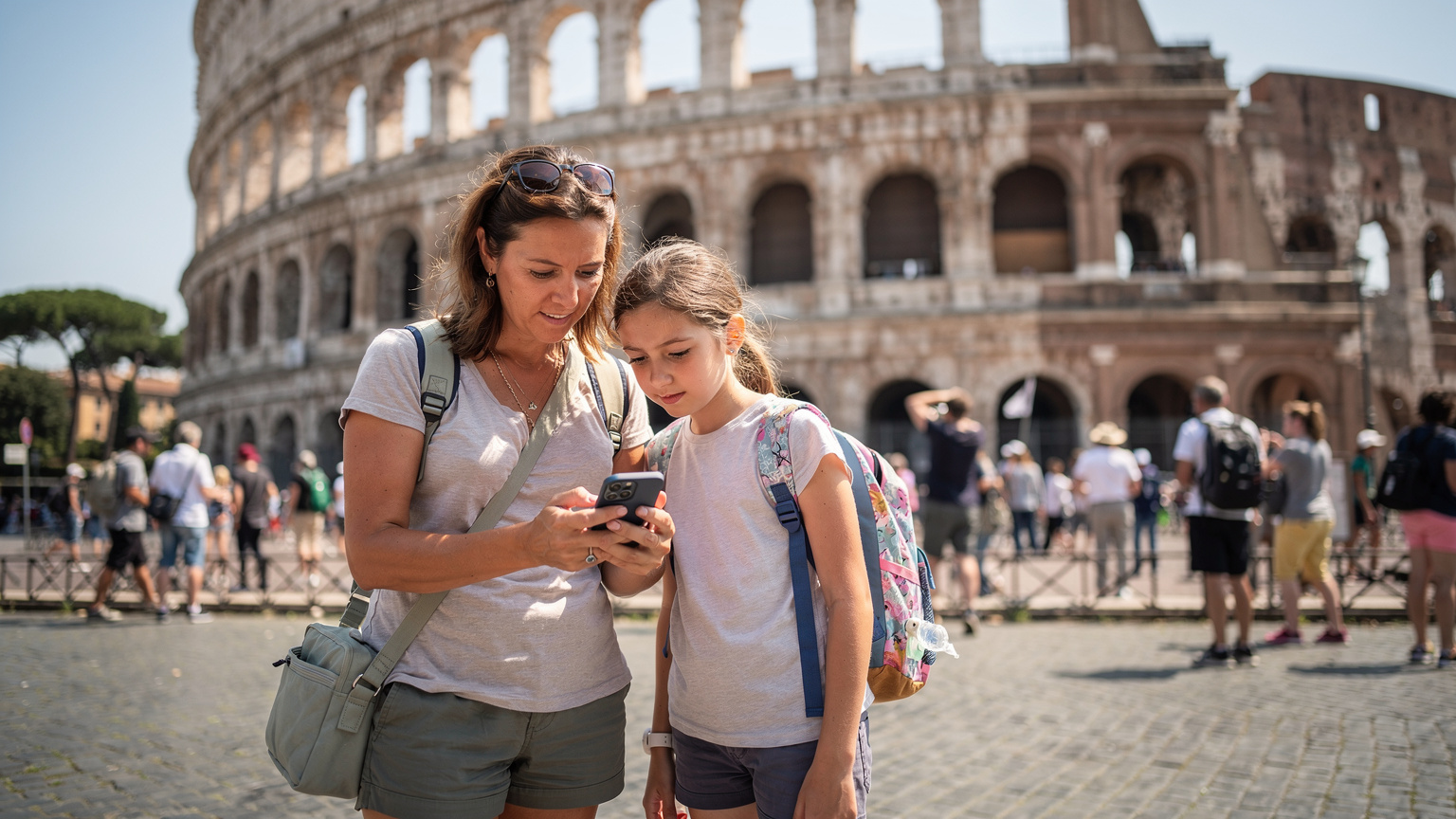 Eine Mutter und ihre Tochter nutzen gemeinsam ein Smartphone, um eine Karte zu studieren, während sie vor dem Kolosseum in Rom stehen.