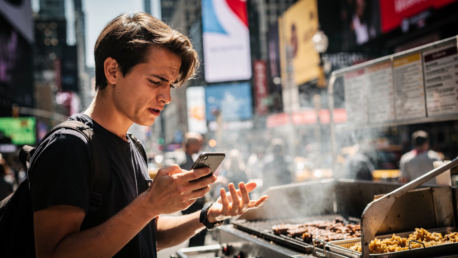 Una persona con un'espressione leggermente frustrata, in piedi davanti a un chiosco di street food affollato a Times Square, New York, mentre cerca di capire il menu o la sua ordinazione senza una connessione internet affidabile.