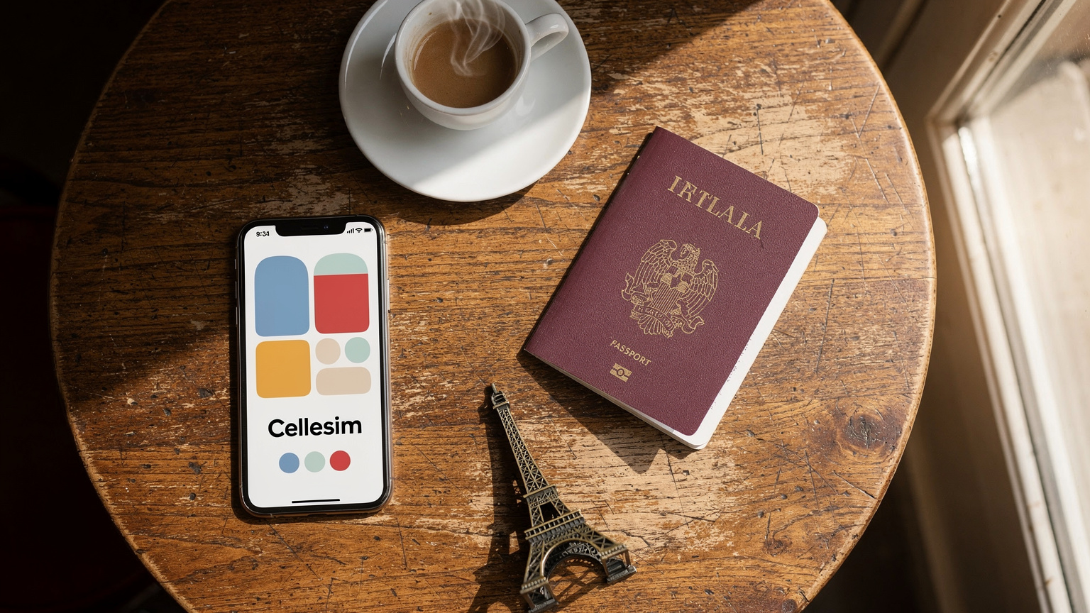 Una visione dall'alto di un tavolino da caffè elegante a Parigi, con un passaporto italiano aperto, uno smartphone con l'interfaccia dell'app Cellesim visibile, una tazza di caffè e un piccolo souvenir della Torre Eiffel, che suggerisce la pianificazione di un viaggio.