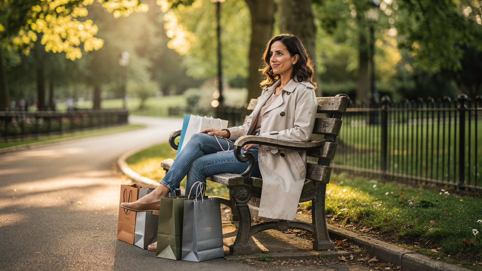 Una viaggiatrice italiana, sorridente ma con un'espressione stanca, si rilassa su una panchina in un parco vicino a Regent's Park a Londra dopo una lunga giornata di shopping, con i suoi sacchetti ben visibili.