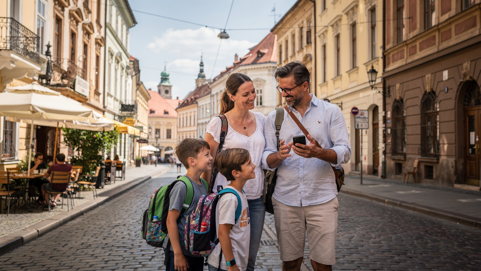 O familie se bucură de o plimbare într-un oraș est-european, folosind telefonul pentru a naviga și a găsi atracții, cu eSIM-ul activ în fundal.