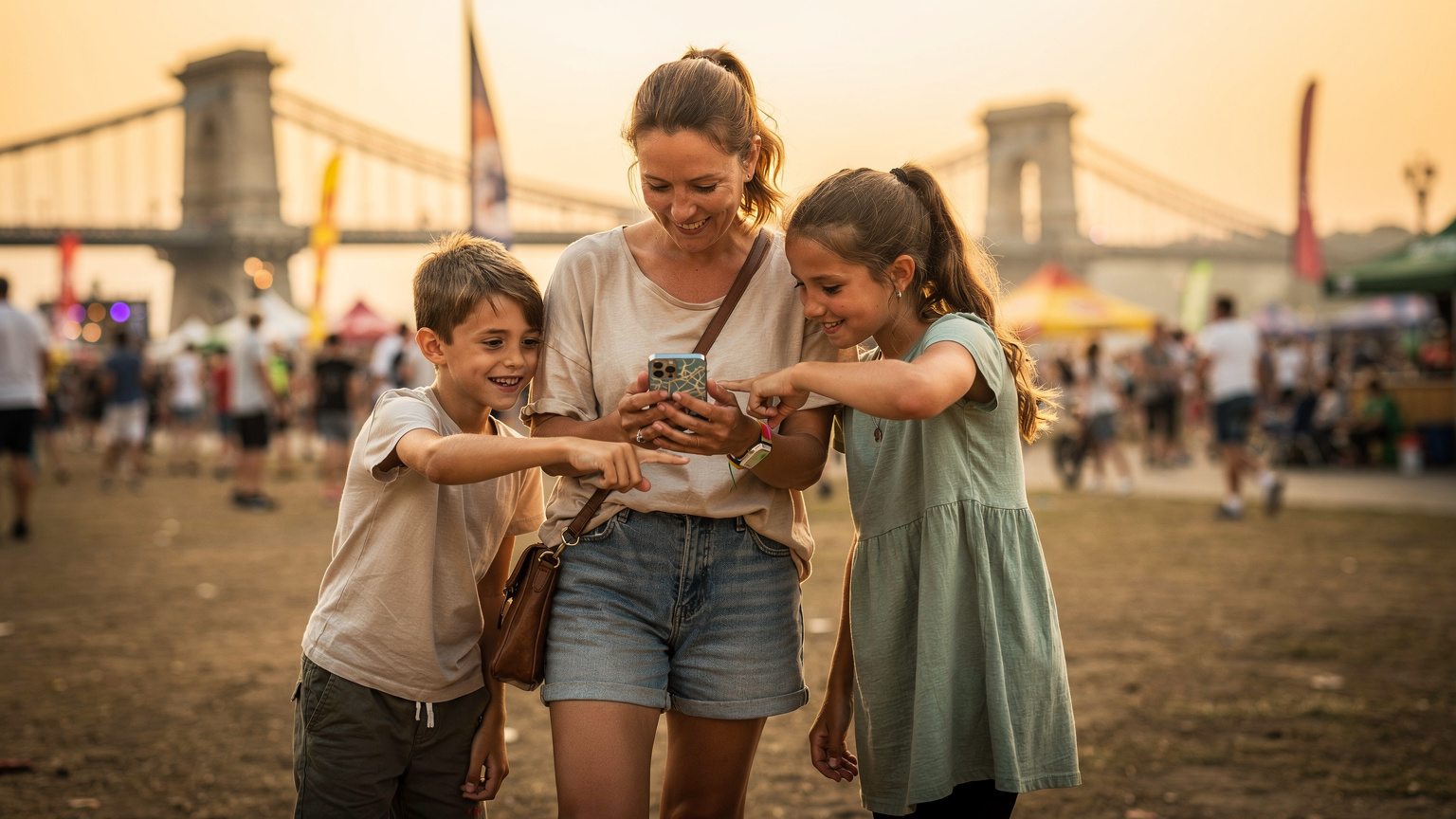 O mamă zâmbește în timp ce își ajută copiii să navigheze pe o hartă digitală a unui festival de muzică în Budapesta, cu Dunărea și Podul cu Lanțuri vizibile în fundal la apus.