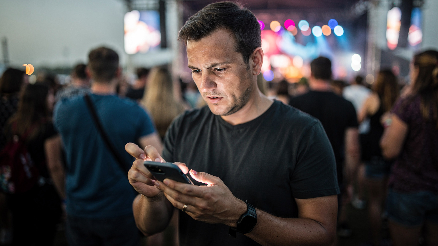 Un călător își verifică cu atenție telefonul, căutând soluții pentru o problemă de conectivitate la festival.