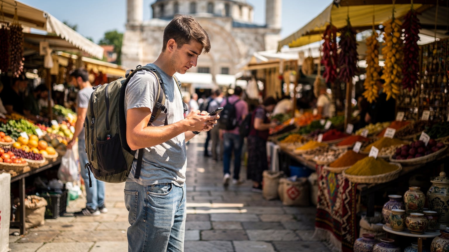 Cestovatel s batohem na zádech si prohlíží telefon s aktivní eSIM na rušném trhu v Tiráně, obklopený stánky s čerstvým ovocem a zeleninou, s historickou mešitou v pozadí.