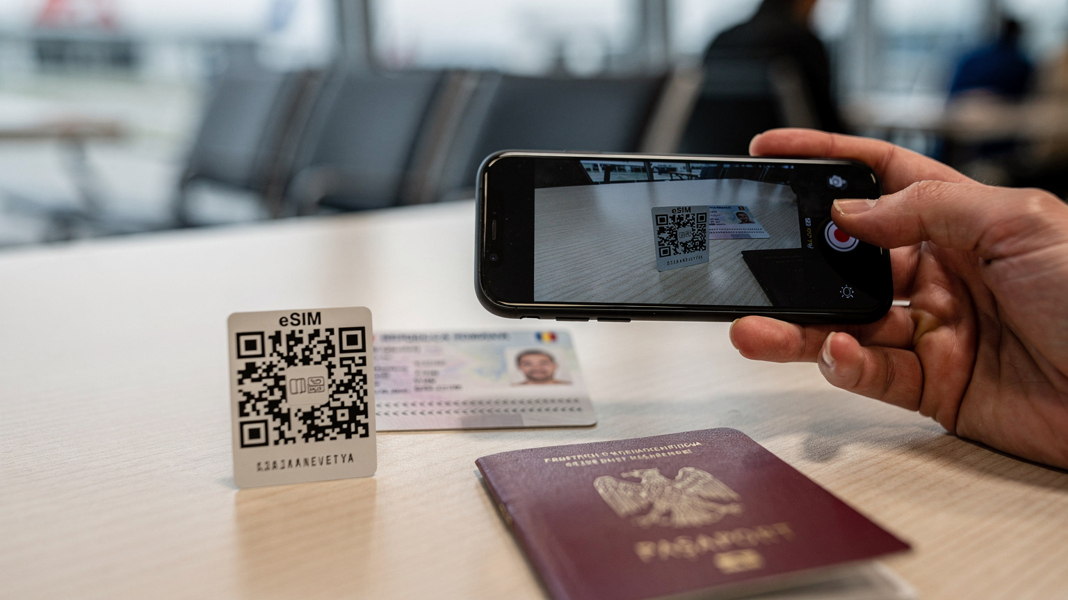 Mână de călător care scanează un cod QR de activare eSIM pe un smartphone, cu o carte de identitate românească și un pașaport deschis pe o masă de lemn, într-un mediu luminos și curat de aeroport.
