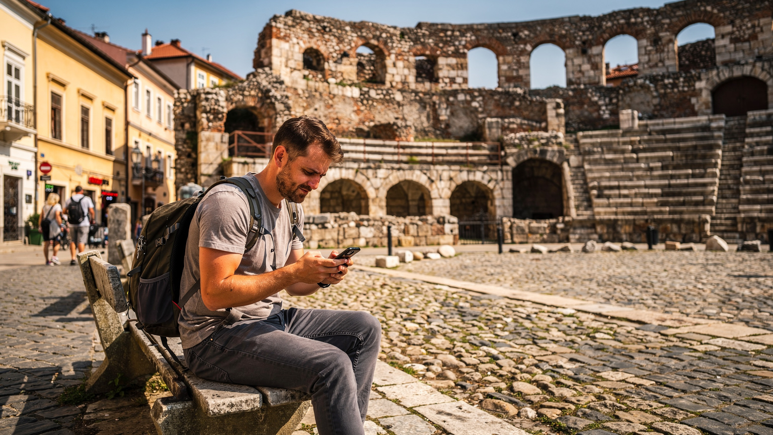 Bulgaristan'ın eski başkenti Plovdiv'de, tarihi Roma Amfi Tiyatrosu'nun yakınında bir bankta oturan bir gezgin, telefonundan eSIM paketi seçimi yapıyor.