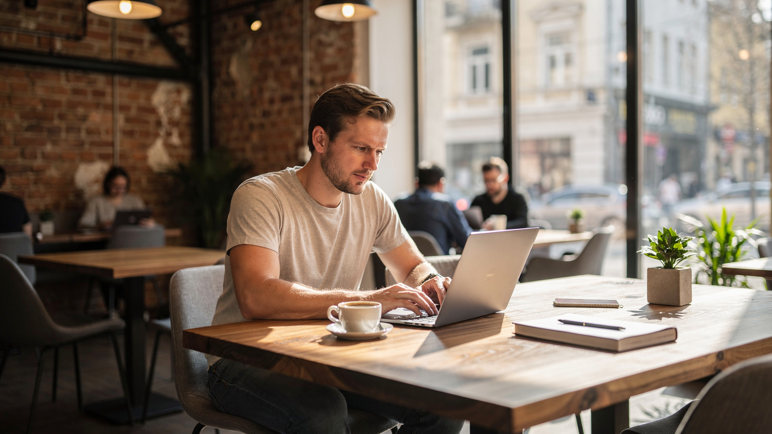 Bulgaristan'da bir kafede oturan dijital göçebe, hızlı Wi-Fi erişimi olan bir co-working alanında bilgisayarında çalışıyor.