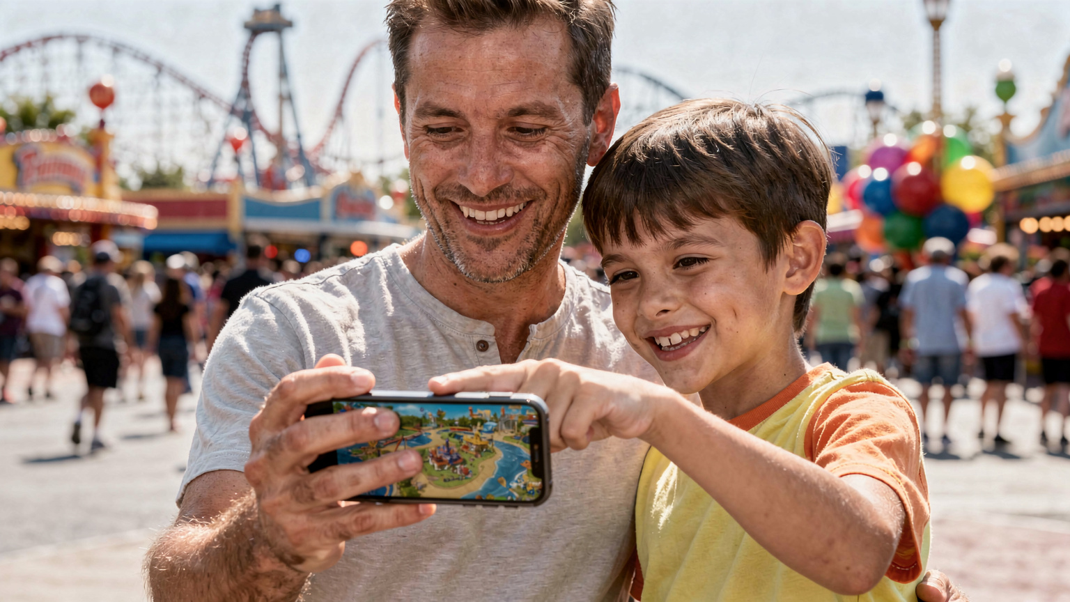 Un père et son fils consultent un plan de parc d'attractions sur un smartphone, l'enfant montrant du doigt une attraction, entourés d'une foule joyeuse.