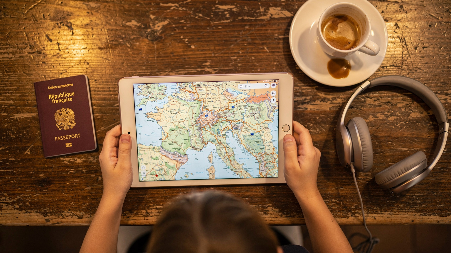 Des mains d'enfant tenant une tablette affichant une carte hors ligne, avec un passeport et des écouteurs posés sur une table de café, un gobelet à moitié vide à côté.
