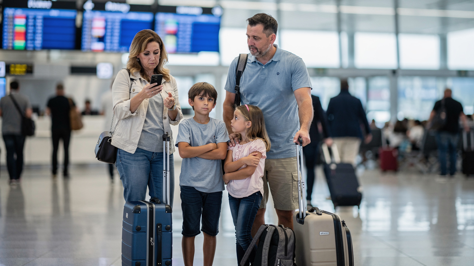 Une famille de quatre personnes (deux adultes, deux enfants) arrive à l'aéroport, la mère regarde son téléphone avec un air légèrement stressé, tandis que les enfants semblent impatients ou fatigués, les valises à leurs pieds.