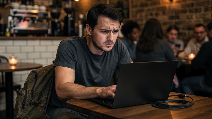 Un călător român, cu un rucsac de laptop, privește cu o expresie îngândurată o pană de curent într-o cafenea aglomerată din cartierul Brixton, Londra, cu ecranul laptopului său negru și un cablu de încărcare deconectat.