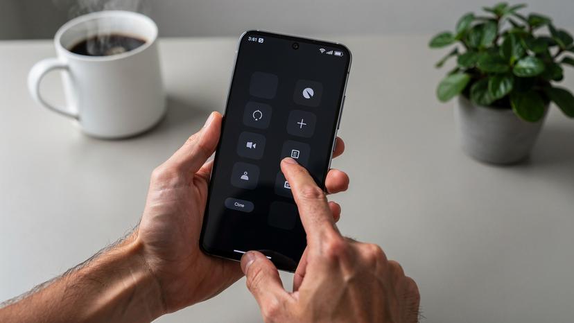 O mână elegantă ține un telefon Xiaomi 17 deschis la meniul de setări, cu degetul mare pe ecran, indicând opțiunea eSIM. Fundalul este un birou modern, bine iluminat, cu o cană de cafea aburindă și o plantă mică, într-o lumină blândă de interior, stil Wirecutter.