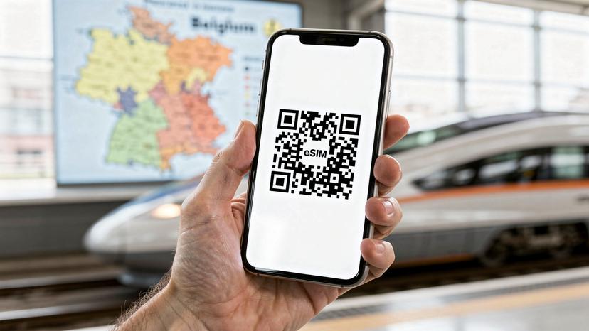 Mână scanând un cod QR de activare eSIM, cu fundal estompat reprezentând o hartă a Belgiei și un tren în mișcare.