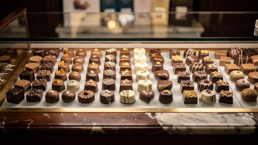 O vitrină artizanală cu praline belgiene asortate, frumos aranjate într-o ciocolaterie mică din cartierul Sablon, Bruxelles.
