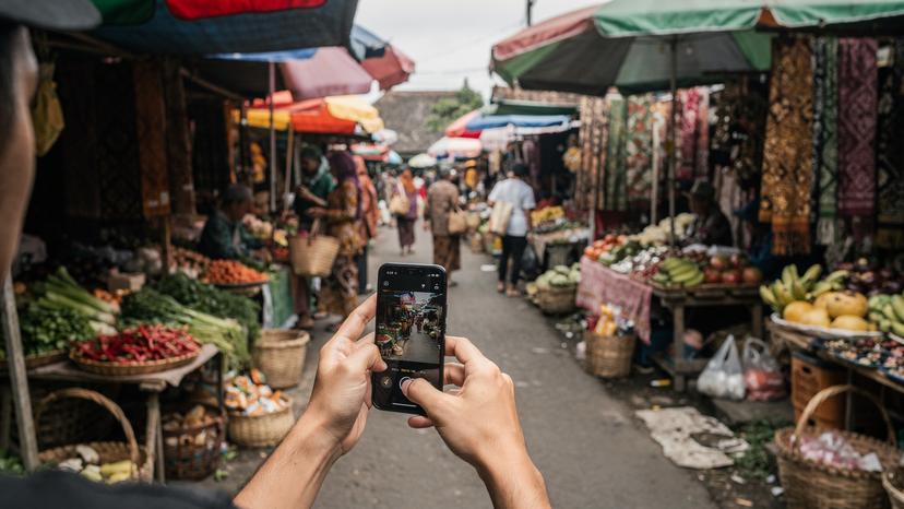 A traveler in a bustling Indonesian market, holding their phone to navigate, illustrating the need for reliable data.