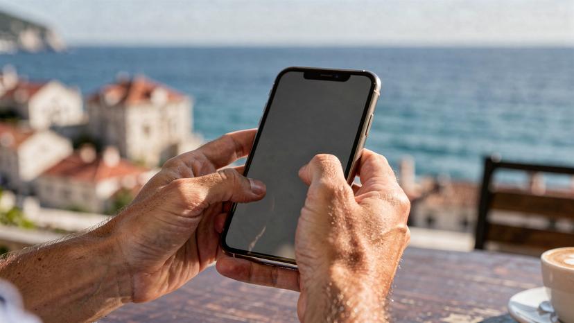 O persoană verifică cu atenție ecranul telefonului său, într-un mediu exterior, pentru a confirma detaliile planului său eSIM, având în fundal o priveliște panoramică a orașului Split și a Mării Adriatice.