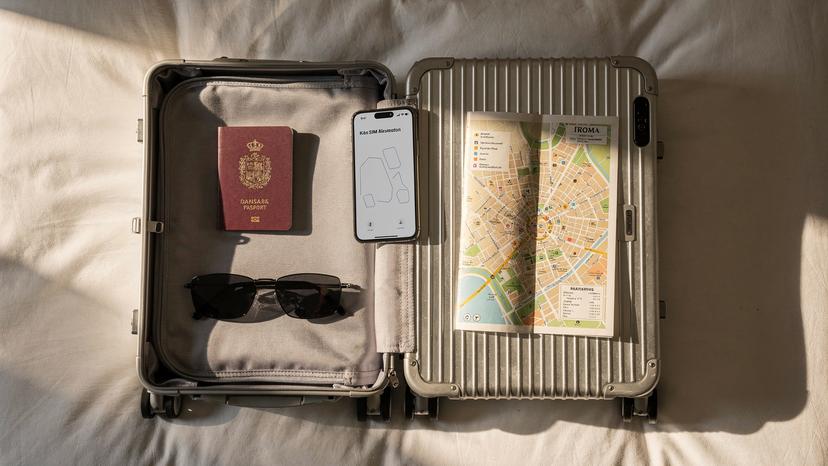 Et editorialt overhead flat-lay af en åben kuffert, der viser en iPhone 18 med et eSIM-installationsskærmbillede, et pas, et par solbriller og et lokalt bykort over Rom, Italien. Sollys filtreres ind fra siden, hvilket skaber en rejseklar stemning.