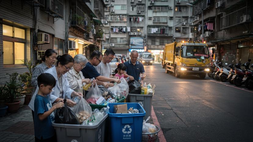 A community gathers on a street in Taipei, carefully separating their trash into different bins as a recycling truck, playing a cheerful tune, approaches at dusk.