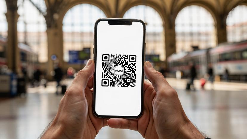 A traveler holding a smartphone with an eSIM QR code on its screen, about to scan it, with the blurred background of a bustling train station concourse in Florence, Italy, during daytime.