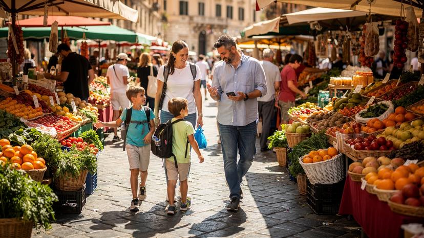 A family, including two children, walking through a vibrant Italian street market, examining fresh produce, while a parent holds a smartphone checking a digital map.