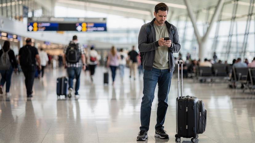 A traveler looks concerned at their smartphone in a busy American airport terminal, with luggage nearby and other passengers hurrying past, suggesting a moment of connectivity trouble or data anxiety.