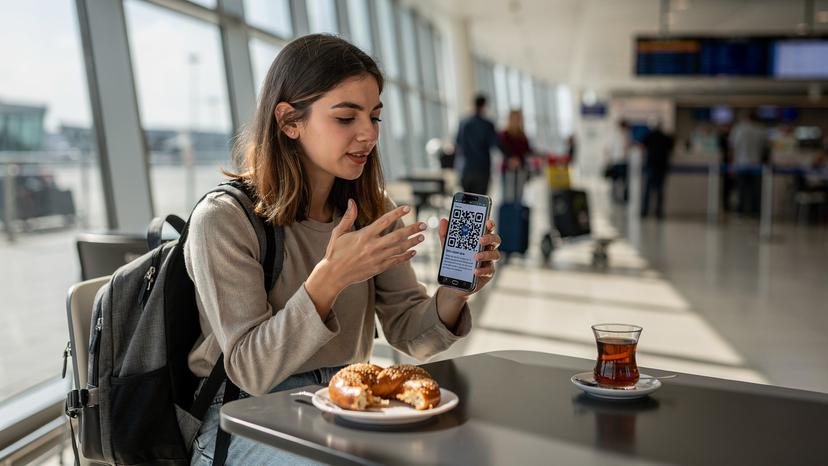 Woman activating eSIM with QR code on phone at Istanbul Airport cafe, natural light, travel tech.
