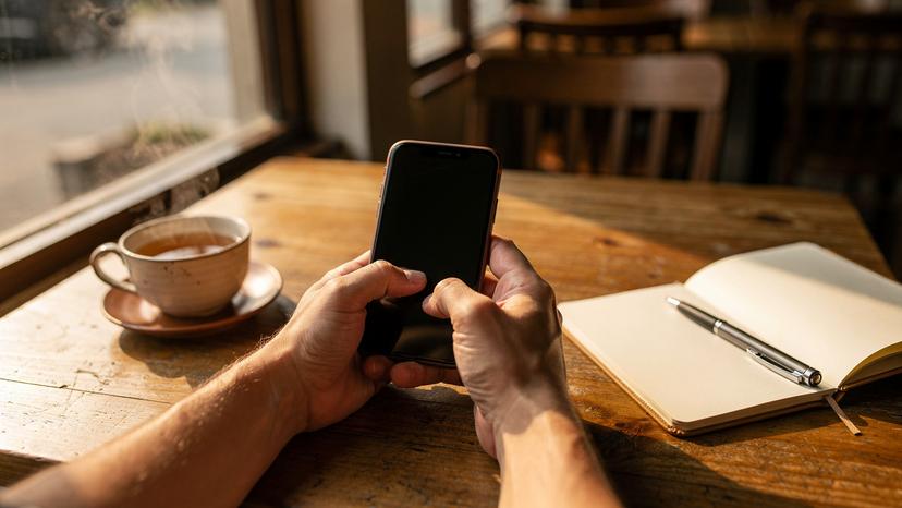 台北のカフェで、スマートフォンを手に取り設定画面を操作する人の手元のクローズアップ