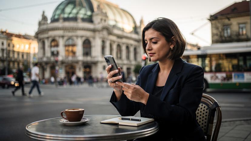 Woman absorbed by smartphone at a cafe table in Bucharest, CEC Palace in background, natural light.