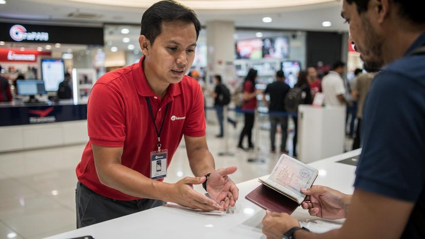 A Telkomsel GraPARI store counter in a busy Indonesian mall, with a staff member assisting a customer who is showing their passport. The lighting is bright and even, typical of an indoor retail environment.