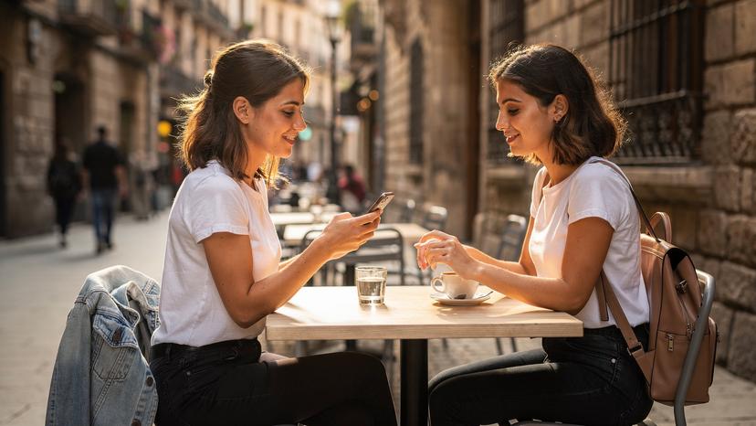 Woman in Barcelona cafe activating eSIM on phone, enjoying coffee, travel, tech, editorial