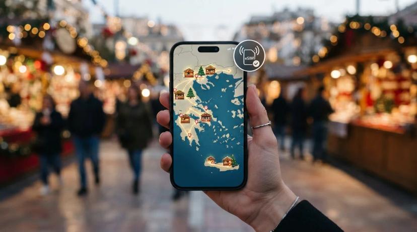 Ilustrace chytrého telefonu s eSIM profilem a mapou Řecka na obrazovce, symbolizující snadné připojení na cestách.
