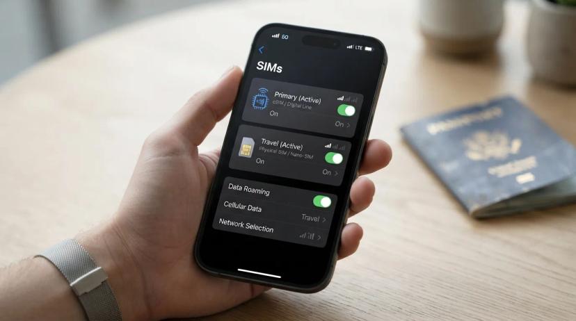 Ilustrasi ponsel yang menampilkan pengaturan koneksi data, dengan ikon eSIM dan SIM fisik berdampingan, menunjukkan fleksibilitas penggunaan dua jalur.
