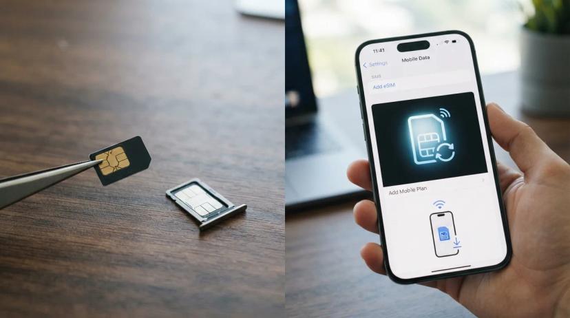 Perbandingan visual antara kartu SIM fisik dan ikon eSIM di layar ponsel, menyoroti perbedaan bentuk dan cara kerja kedua teknologi.