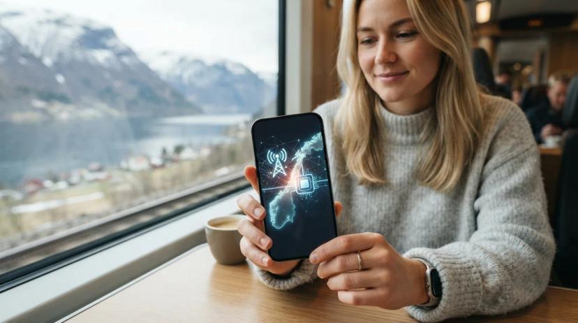 Eine Person hält ein Smartphone mit einer eSIM-Anzeige, während sie auf eine Karte von Norwegen blickt.