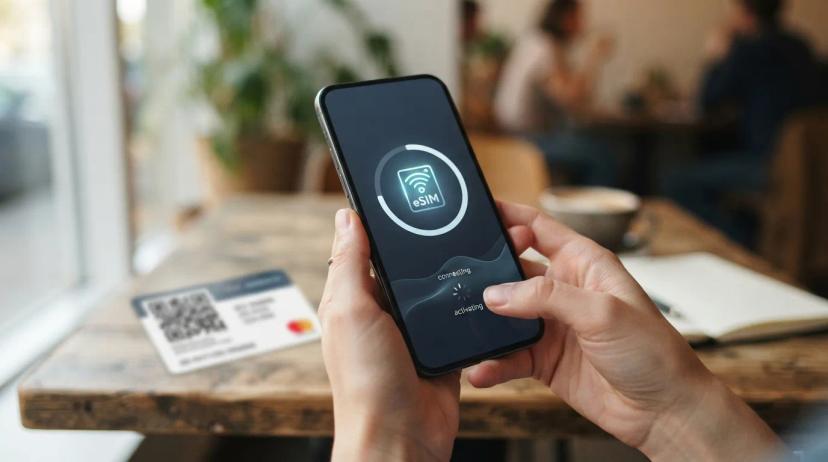 Nahaufnahme eines Smartphones, das eine digitale eSIM-Profilinstallation anzeigt, mit einem QR-Code im Hintergrund.