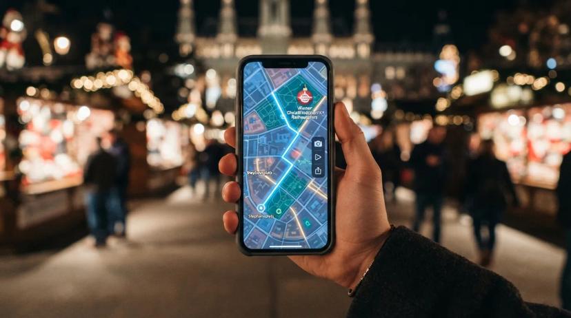 Mobilní telefon s aktivovanou eSIM, zobrazující mapu Vídně a trasu k vánočnímu trhu, s ikonami pro sdílení fotografií.