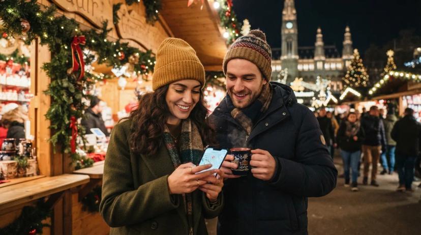 Dvě osoby u stánku na vánočním trhu ve Vídni, jedna si prohlíží telefon s mapou, druhá drží horký nápoj.