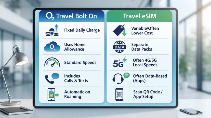 A comparison chart showing features of O2 Travel Bolt On versus a generic travel eSIM for data in the USA.