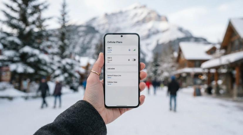 A hand holding a smartphone displaying cellular settings, with options for managing multiple eSIMs, against a blurred background of a winter travel destination.